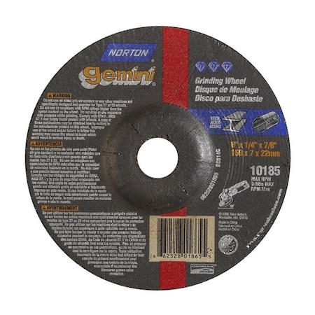 Norton Co Grinding Wheel, Depressed Center, Type 27 - Metal - Gemini Alu Oxide, 6 x 1/4 x 7/8, Max RPM: 10185 662528-01865